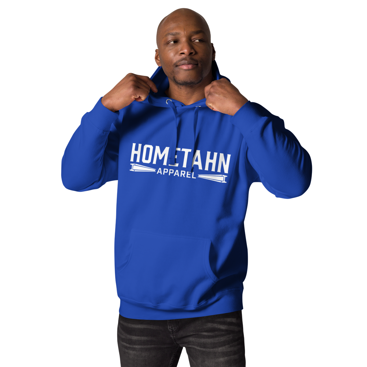 Man wearing a blue hoodie with "HOMETAHN APPAREL" logo on front.