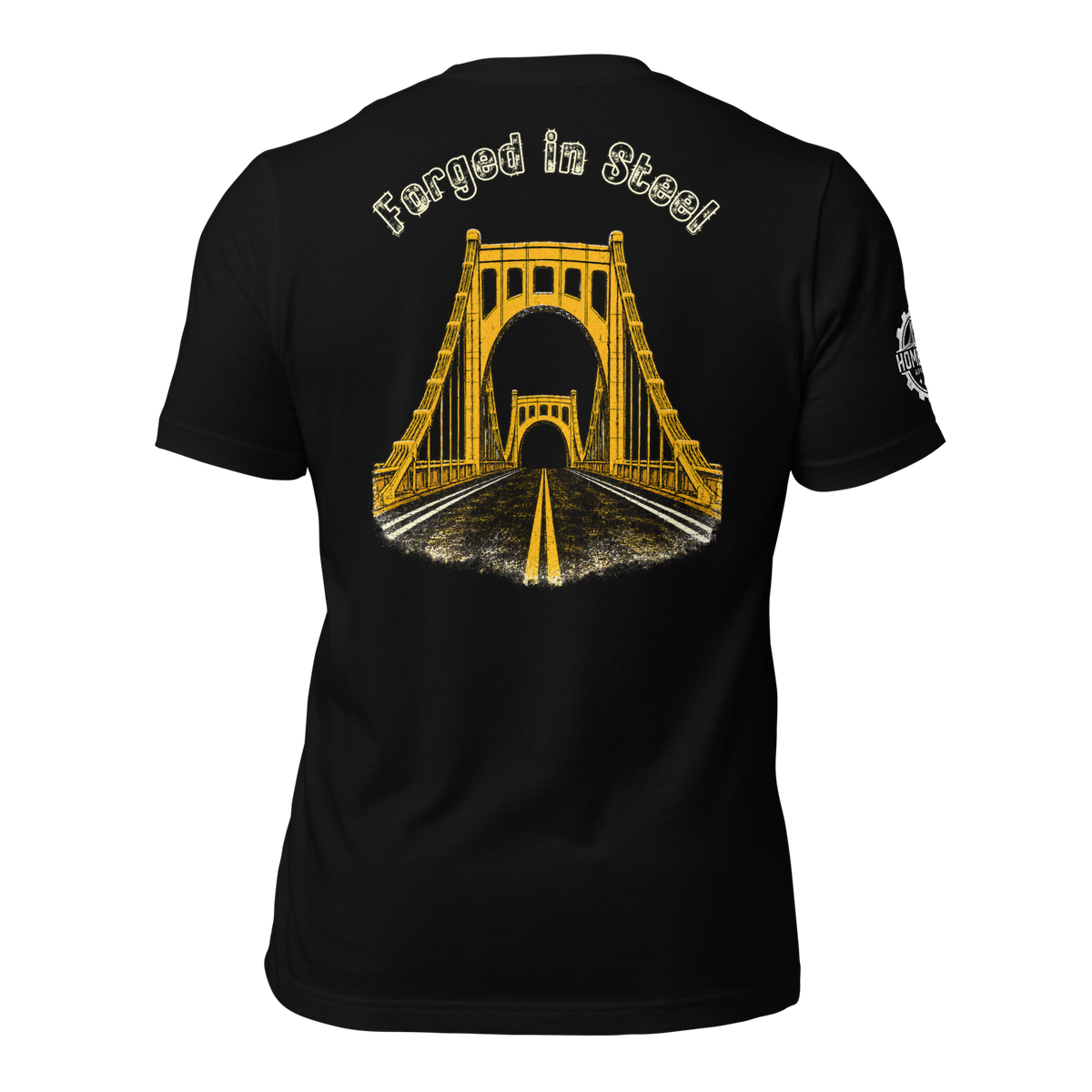 Black t-shirt on a white background with white "Forged in steel" lettering and a suspension bridge.