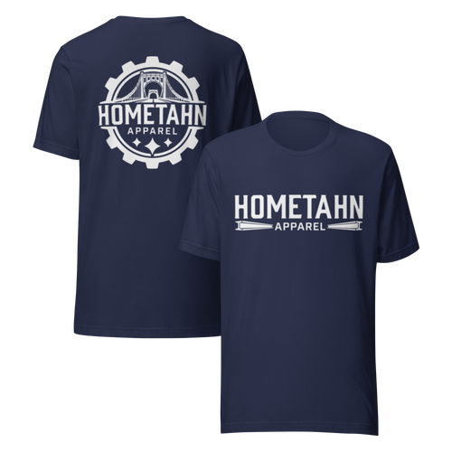 A navy blue short-sleeve t-shirt shown from both the front and back. The front features a white graphic print reading 'HOMETAHN APPAREL' with a small banner detail, and the back features a larger white circular graphic containing a bridge design and the text 'HOMETAHN APPAREL' inside a gear outline.