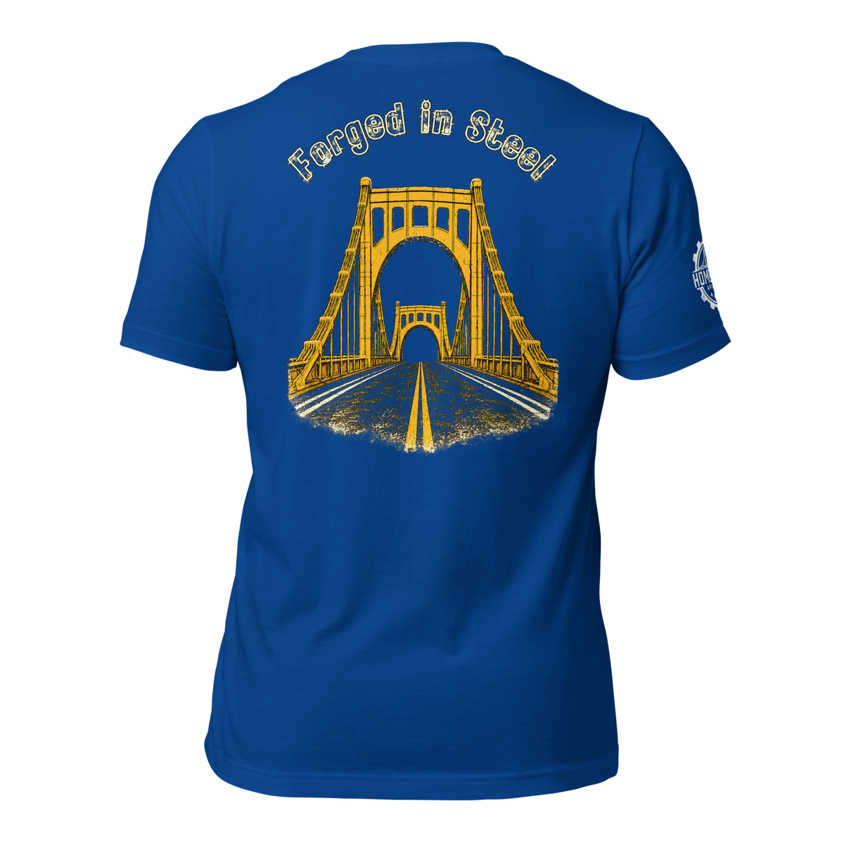 Royal Blue t-shirt on a white background with white "Forged in steel" lettering and a suspension bridge.
