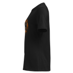 Black t-shirt from the side with an orange logo on the front.
