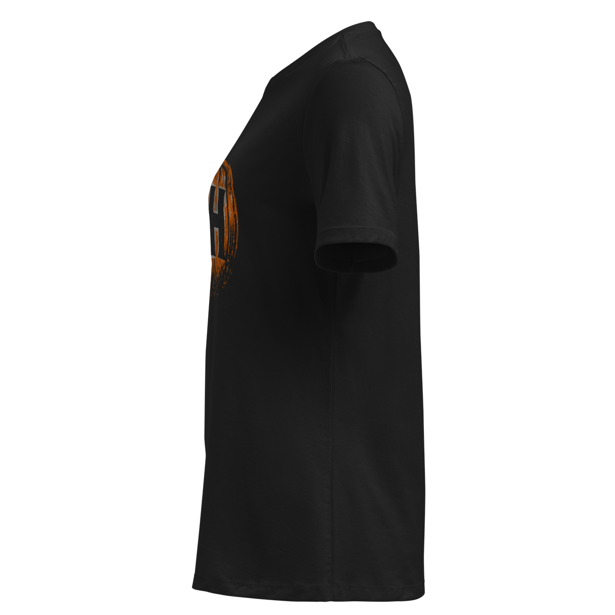 Black t-shirt from the side with an orange logo on the front.