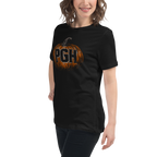 A woman wearing a black short-sleeve t-shirt with a graphic of an orange pumpkin featuring the letters 'PGH' in black.