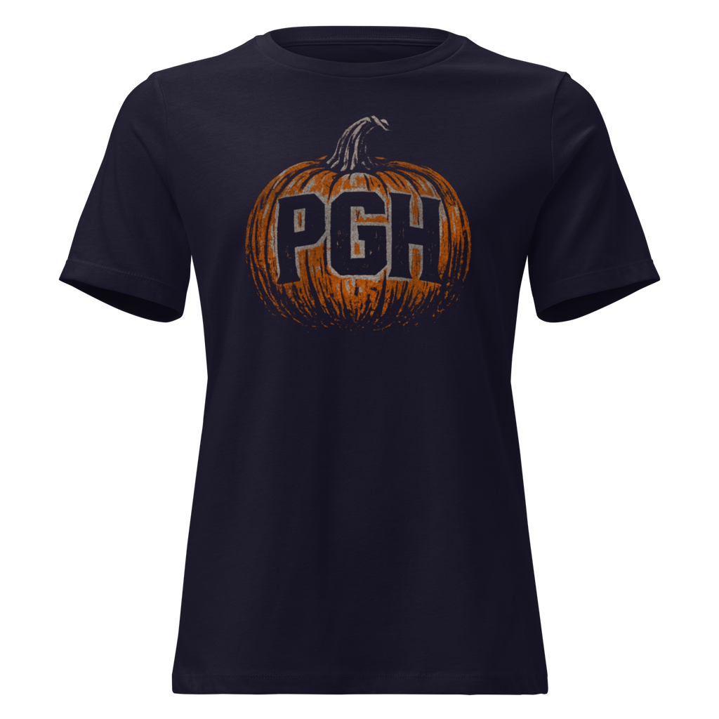 A Blue t-shirt with an orange pumpkin and "PGH" on it.